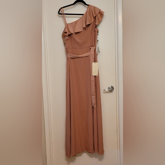 Satin One-Shoulder Ruffled Long Gown in Toffee | Adrianna Papell NEW Prom - Picture 2 of 15